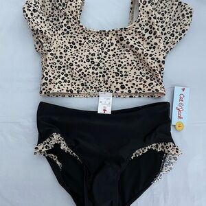 Leopard Print Crop Top and Black Bikini Bottom size XL(14) NWT